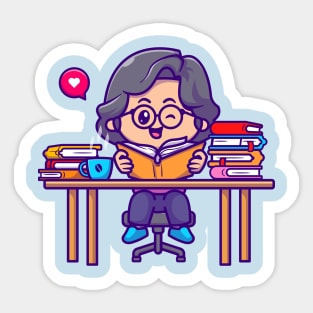 Cute Girl Reading Book Cartoon Sticker